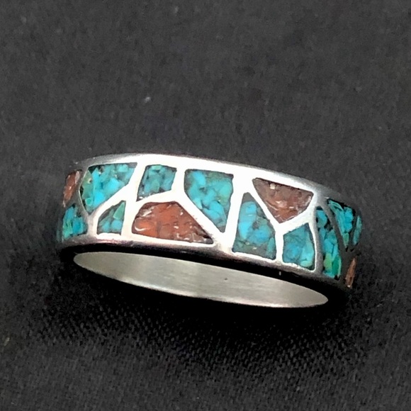 Southwest Native Sterling Silver Crushed Turquoise Coral Mosaic Ring Sz 12-1/2 - Picture 17 of 17